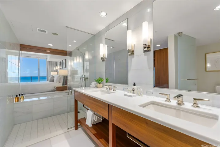 Primary bathroom with his and hers vanity sink
