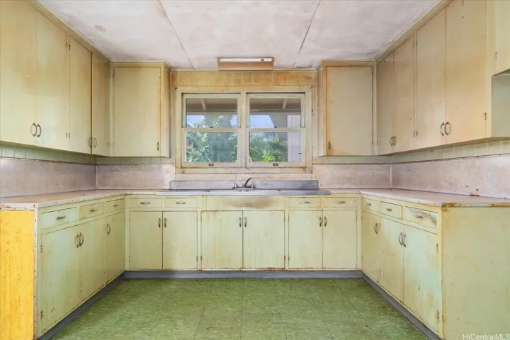 Upper kitchen with access to the back yard (door is to the left and just out of view in this photo).