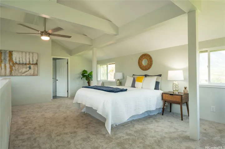 A second floor primary room features lush carpeting, vaulted ceilings, and large windows.