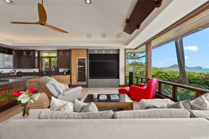 The ocean is always visible from anywhere in the great room with floor to ceiling windows showcasing the beautiful views