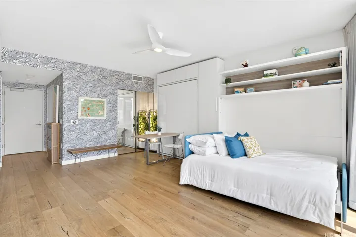 Beautiful wallpaper accent and abundant storage options