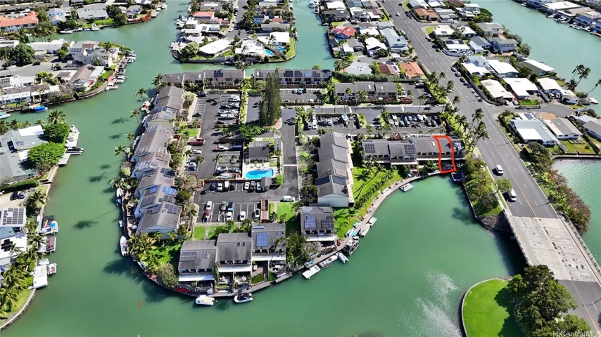 Aerial view of The Moorings, a waterfront community in Hawaii Kai