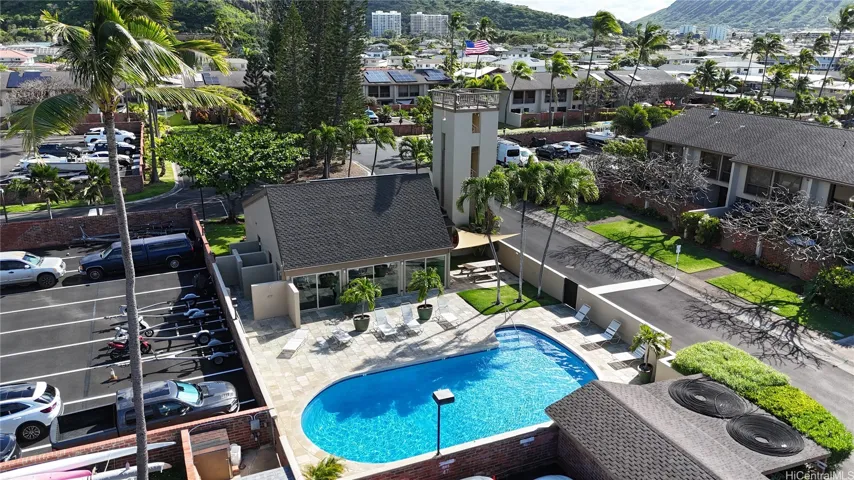 An aerial view of the pool and BBQ area at The Moorings