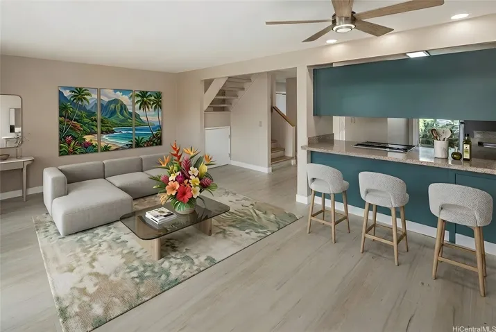 Living room & bar area. Virtually staged. Enhanced photo.