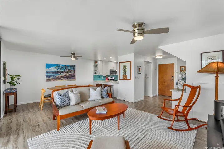 In this floorplan, there is enough room for a dining table and seating for 6-8 people.