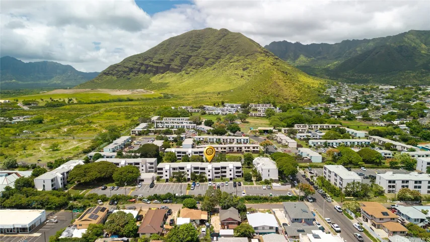 Aerial neighborhood view with mountain and coastal surroundings.