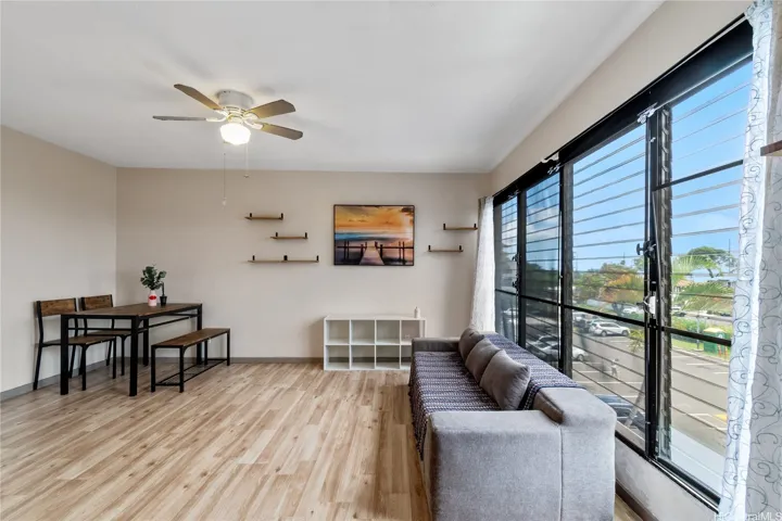 Living and dining space filled with natural light.
