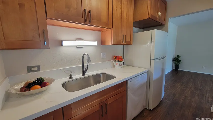 New quartz countertops, cabinets, kitchen sink, dishwasher and refrigerator.