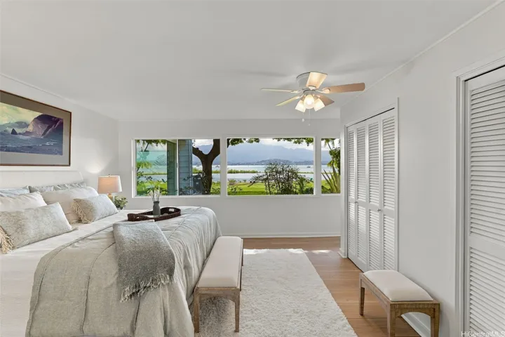 Peaceful primary bedroom retreat featuring two generously sized closets.