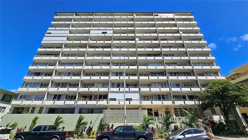 Rosalei, front view. Pool area on the left. Unit 104 right side of the entrance.