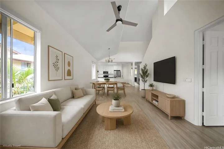 Spacious living room, looking towards front door/kitchen/bedroom#2 (virtually staged with furniture)