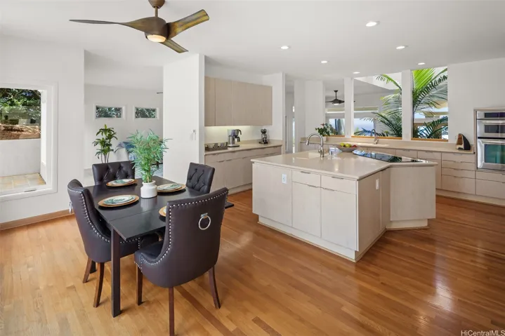 The large kitchen offers plenty of space for casual dining and views of both the ocean and the back yard.