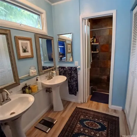 Primary bathroom has a double sinks and a  slate tile shower.