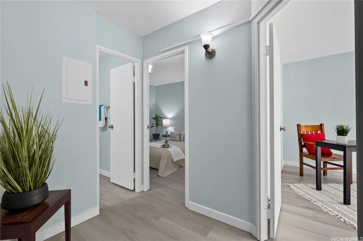 Hallway between all the rooms and bathroom