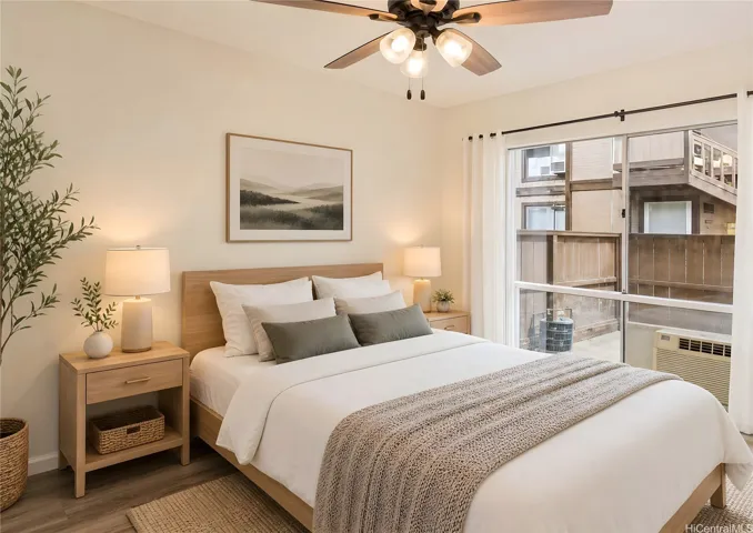 Enhanced photo of the bedroom, note the window unit AC