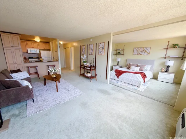 Living room area with bedroom in background