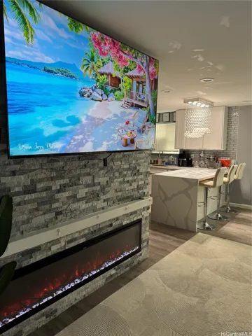 Living-room Faux Fireplace to kitchen