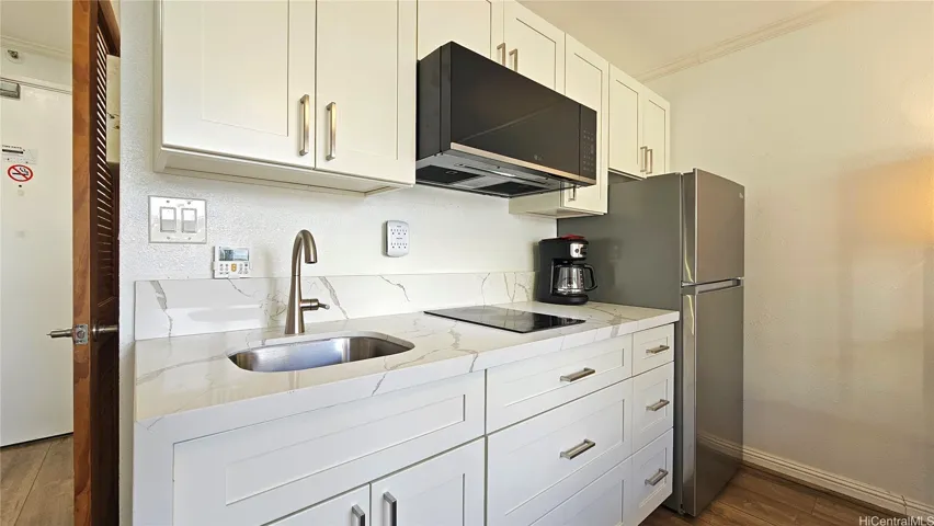 New waterfall Quartz countertop with Full size refrigerator and induction cooktop
