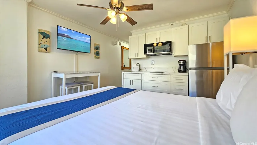 NEW Furntiure, queen size bed, nightstands with phone chargers and table with bar stools