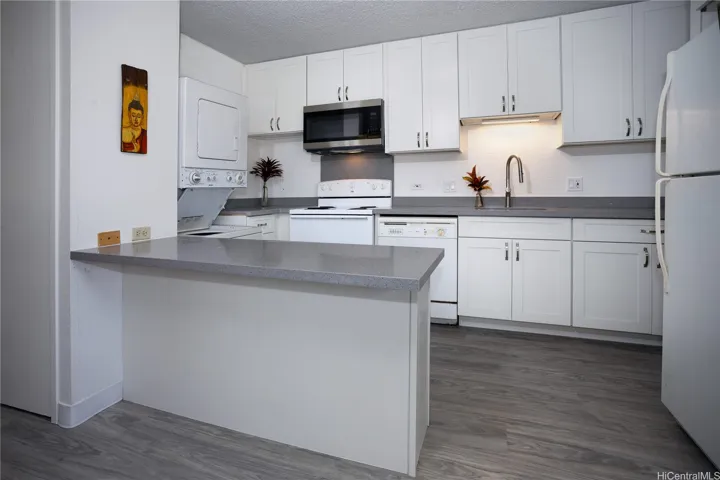 Updated kitchen with new quartz countertops, hard wood cabinetry and 40" wall cabinets