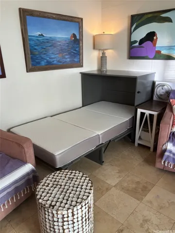 Twin bed opens out of the cabinet.  If you want more space, close it up.