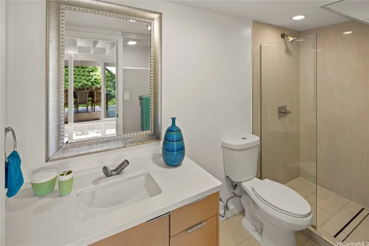 This downstairs bathroom features a large modern walk-in shower.