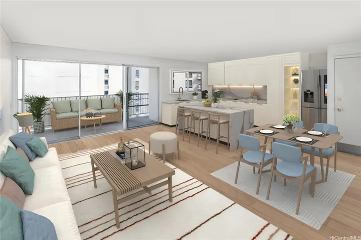 You could open up the kitchen to create a more spacious living and dining area. Enhanced photo.