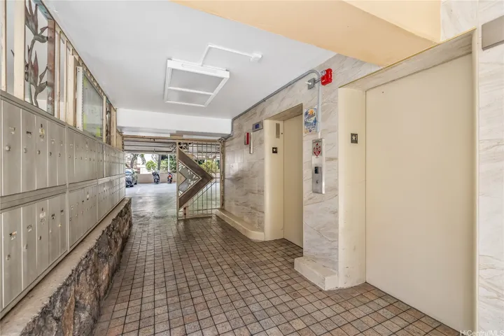 Elevator lobby and mailboxes.