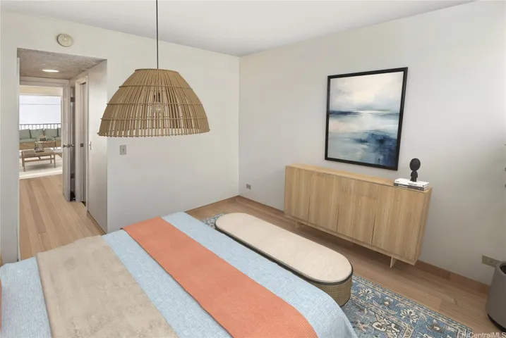 An virtually staged version of the primary bedroom. Enhanced photo.