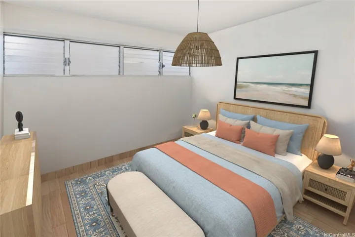A possible makeover for the primary bedroom. Enhanced photo.