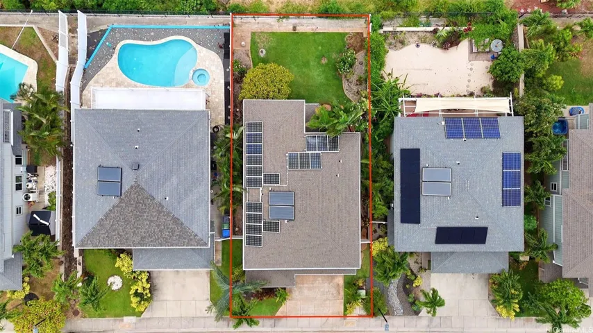 Overhead aerial view showcasing your PV & solar water system along with the spacious back yard