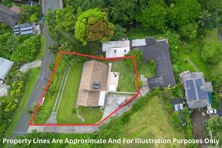 Property lines are approximate and for illustration purposes only. The driveway at the left side of the photo is for unit B of the two-unit CPR. Both CPR units have an easement to use the driveway at the bottom of the photo to access driveways. The parking pad to the right of the house can accommodate 3 vehicles.