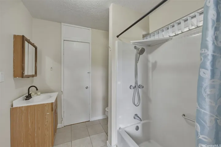 Bonus space bathroom with shower and bathtub combination. The door in the center of the photo leads to a
closet space that can also connect to the family room in the main home. The closet space can accommodate an
indoor washer/dryer as well.