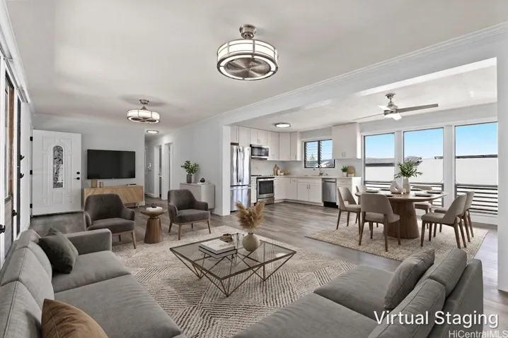 Open - Living, kitchen, dining.  Virtually staged