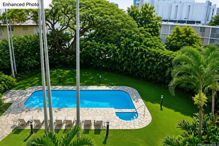 Enhanced Photo: Currently the lobby and pool area are under improvement. Pool, whirlpool, cabana, BBQ area, 24 hr security, resident manager, & only 5 units per floor.