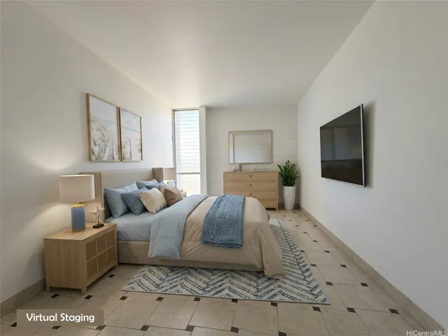 VIRTUAL STAGING OF bedroom with ceramic tile floors & golf course & mountain view ! Digitally staged.