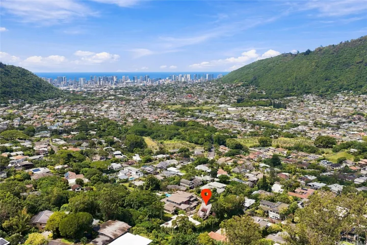 Aerial view showing Manoa Valley and the ocean.