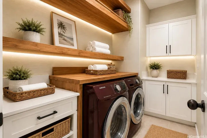 Laundry Room with Built In Custom Shelves