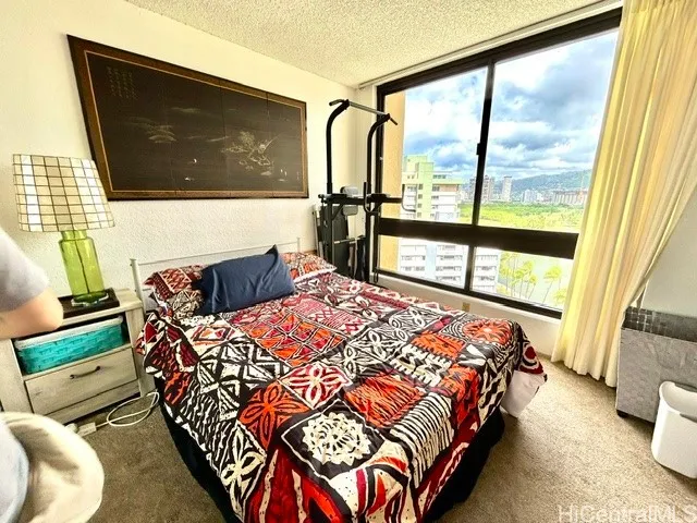 bedroom, art above the bed, work out equipment next to it