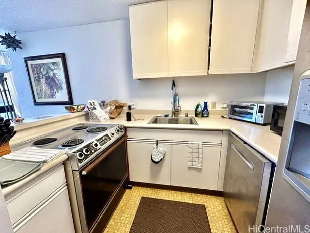kitchen, large refrig, dishwasher, range oven