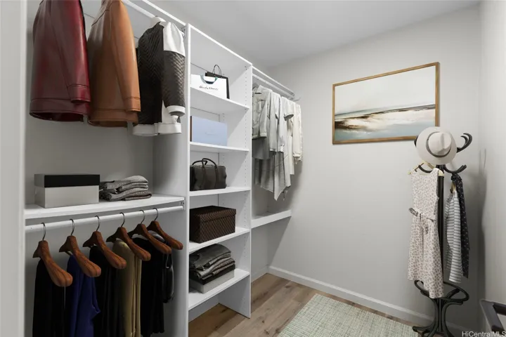 Walk-in closet in the primary bedroom. Virtually enhanced merchandising and closing. I can send vacant closet photo.