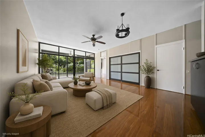 Step into a spacious living room.