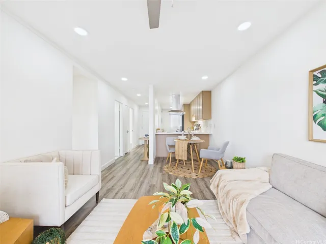 One open great room from the living area to the kitchen