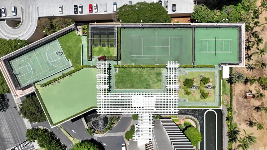 Resort-like amenities include pool, sauna, tennis and basketball/pickleball courts, 6 BBQ area, bicycle/surfboard room, golf driving nets.