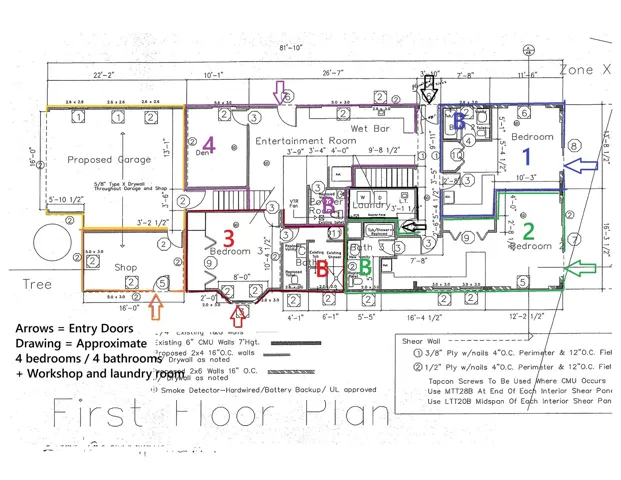 First floor: 4 bedrooms, 4 bathrooms, workshop with door and windows, 2 car garage, laundry room & wet bar.