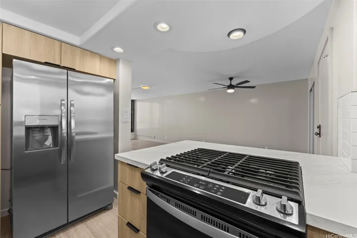 This stunning, modern kitchen design features brand-new, high-end stainless steel appliances, sleek cabinetry, and updated finishes throughout.
