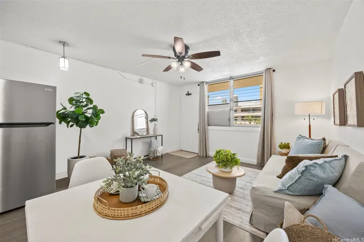 Living and dining area adjacent to the kitchen