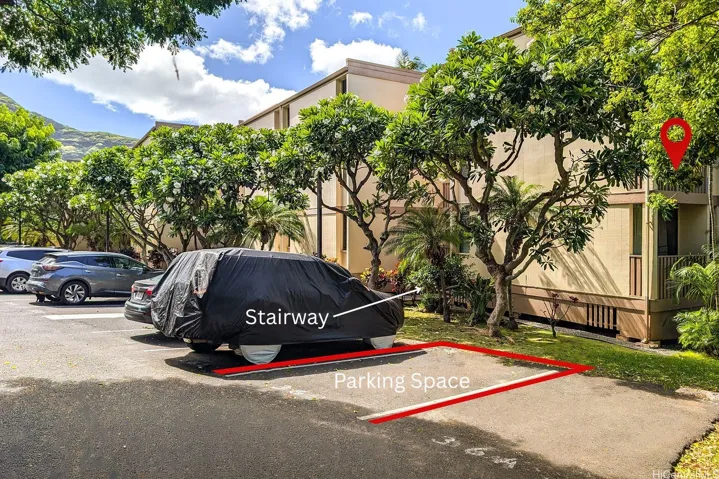 Parking space steps away from entrance and apartment