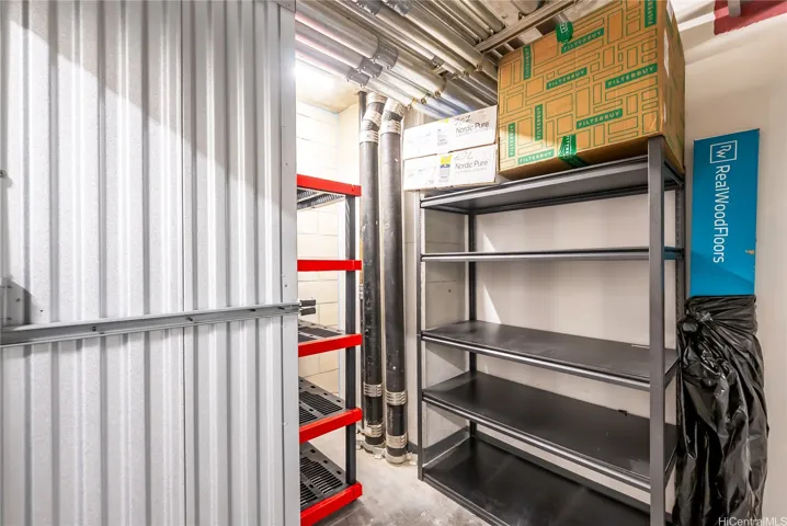 Deeded 63 sq. ft. storage room with access from climate controlled hallway vs parking garage.