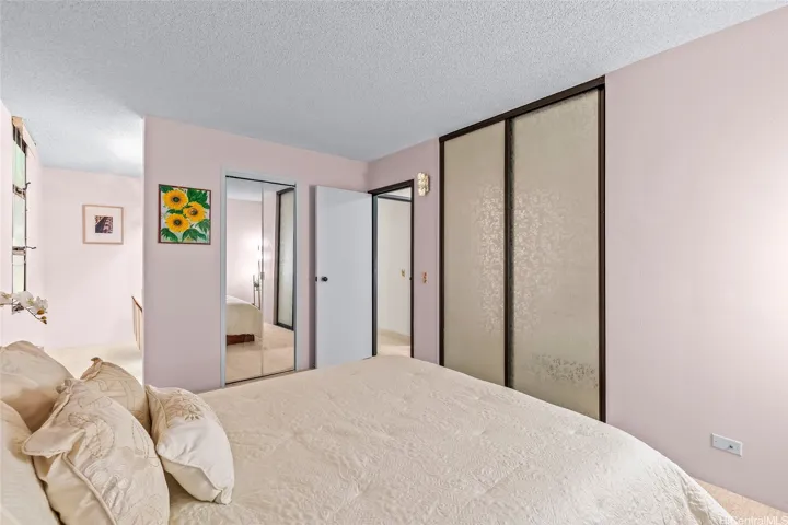 Primary bedroom with mirrored closet doors